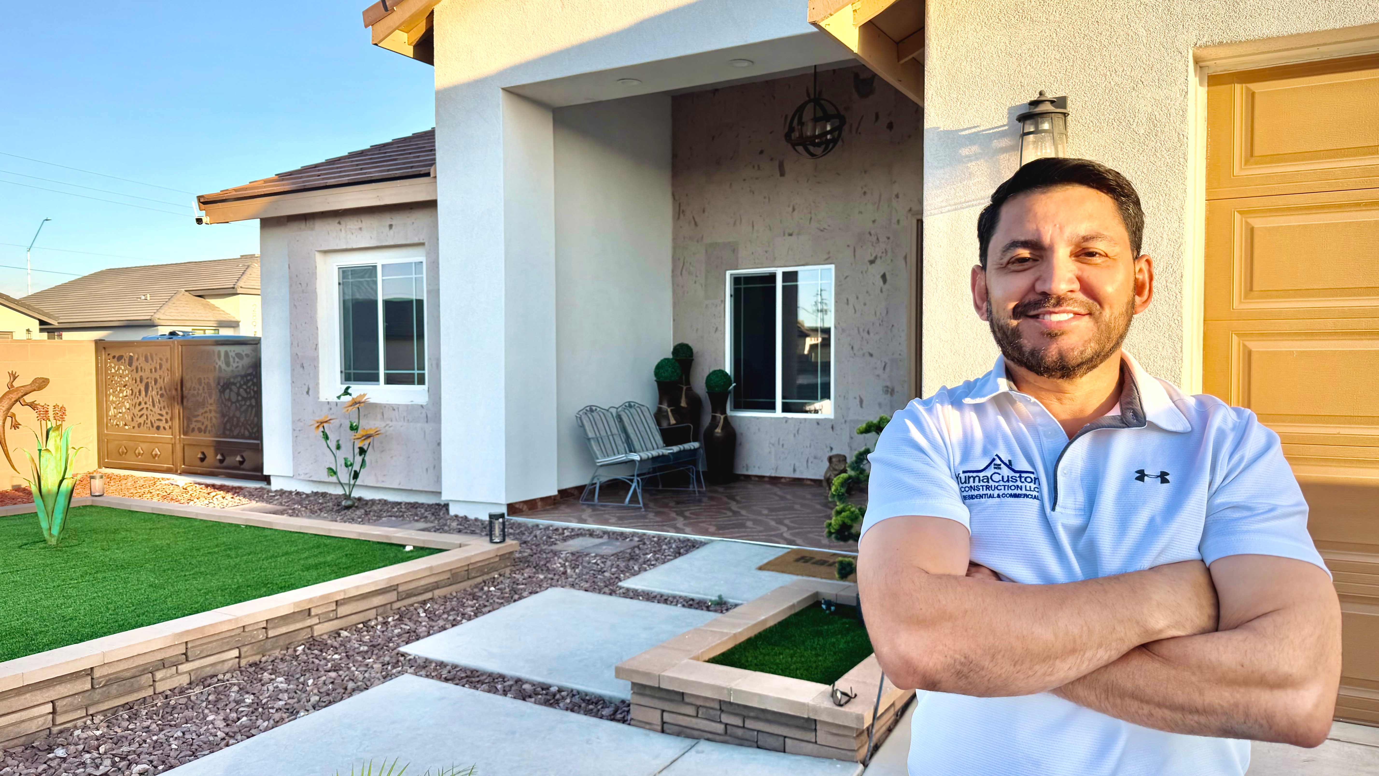 Construction crew and tools on a residential remodeling job site in Yuma, Arizona.