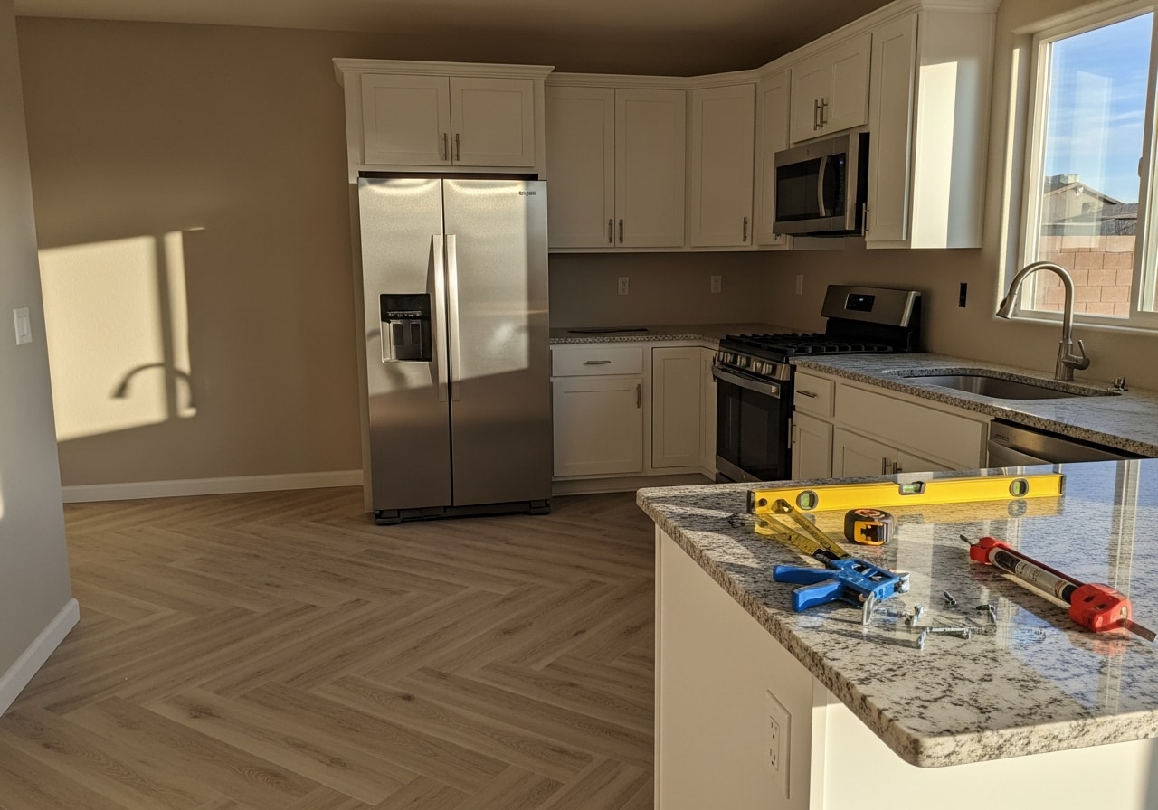 Modern kitchen with white cabinetry, granite countertops, stainless steel appliances, and tile flooring