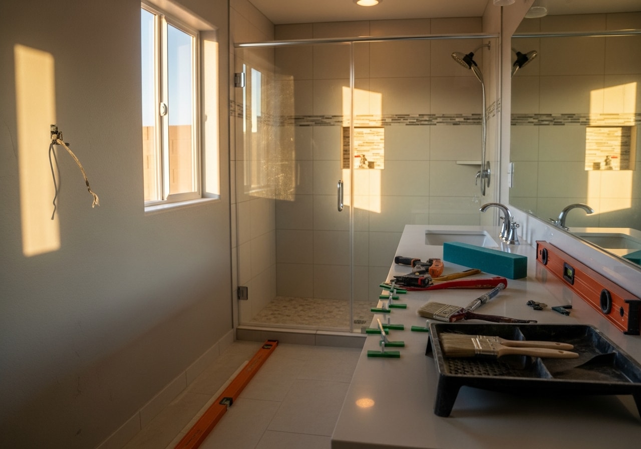 Modern master bathroom with white subway tile walls, floating vanity, and frameless glass shower enclosure