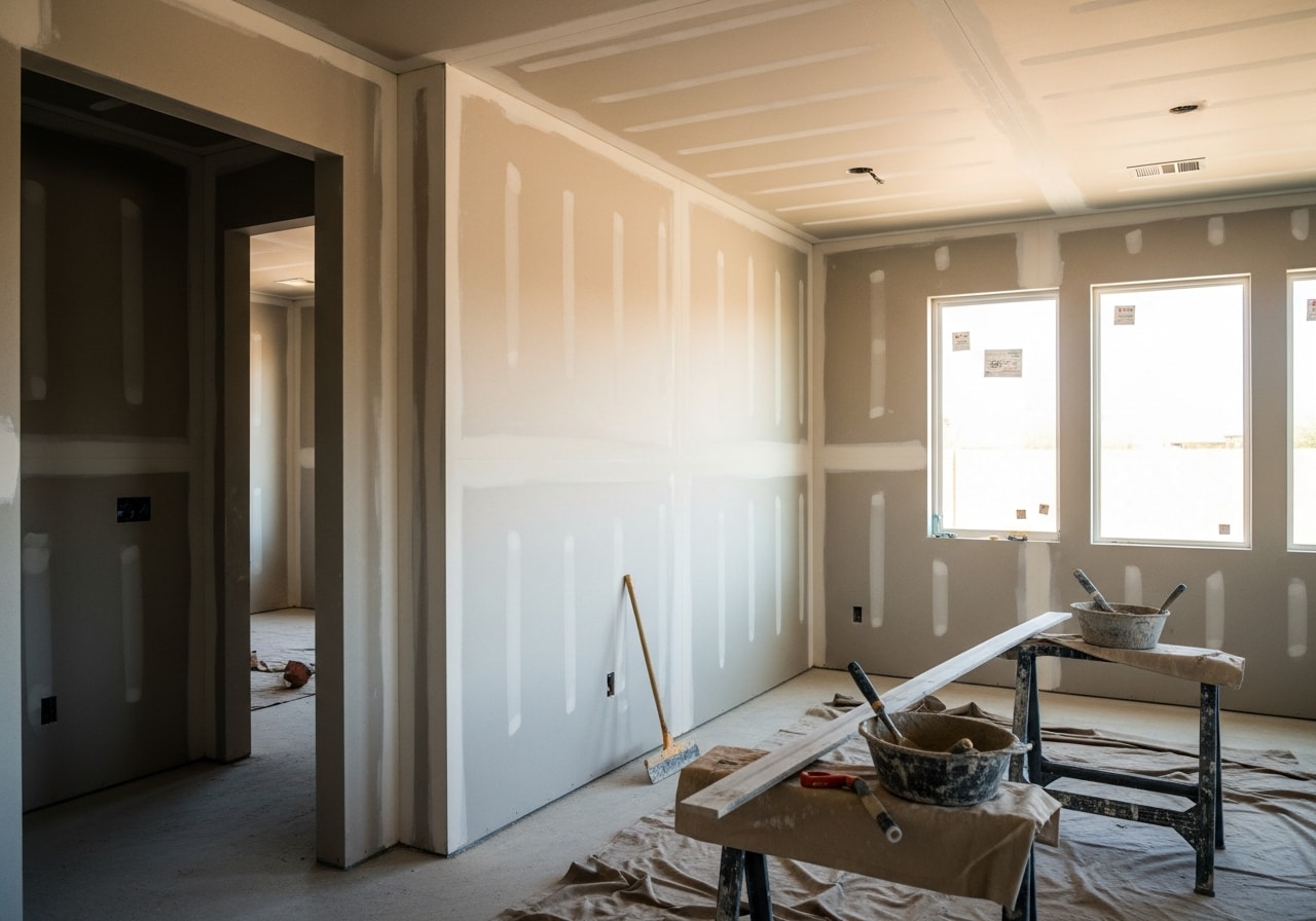 Professional drywall installation showing smooth finished walls and ceiling in a residential home interior