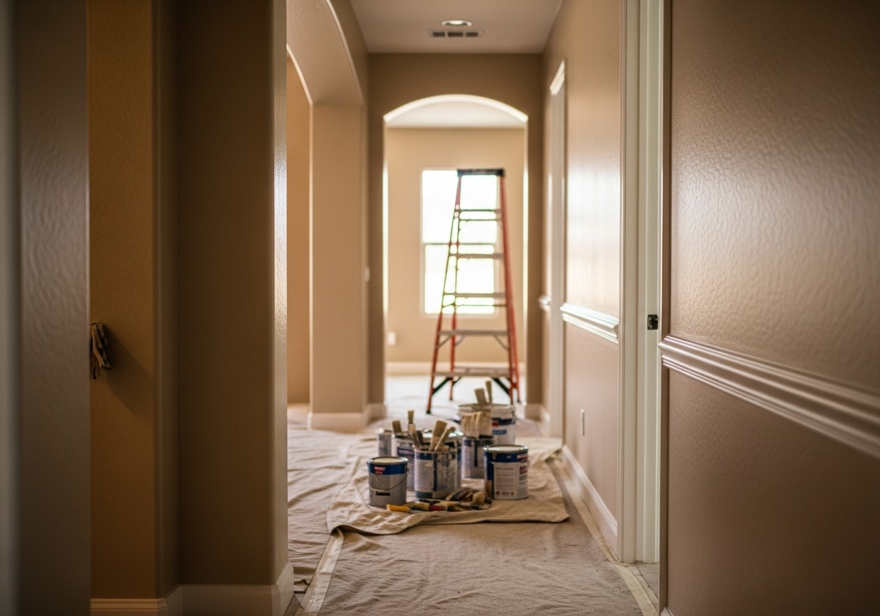 Interior room with freshly painted walls in soft neutral tones, professional paint finish on drywall