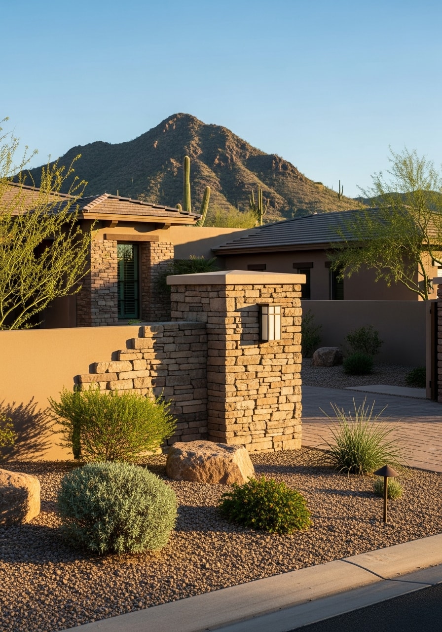 Detailed shot of a Foothills property's stone entry and landscaped slope with mountain backdrop.