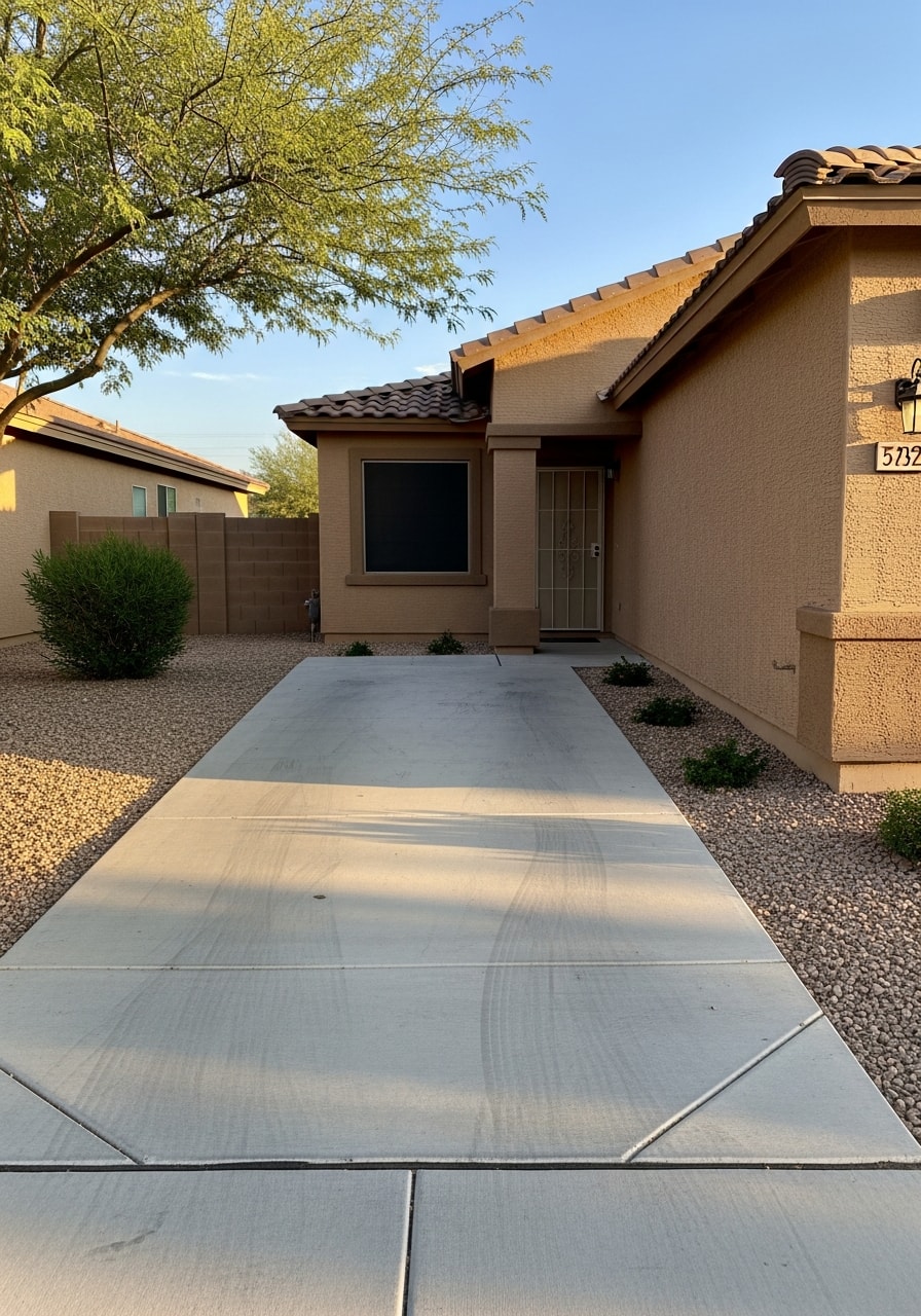 Close-up of a San Luis home's front yard with simple landscaping and driveway.