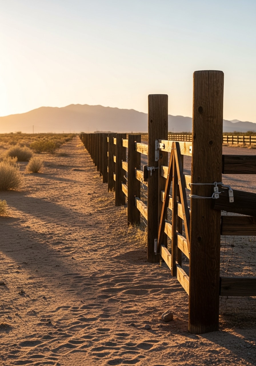 Detail shot of a Somerton property's rural driveway and fence line with desert backdrop.