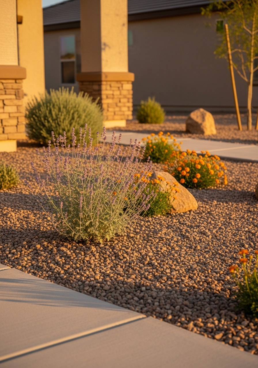 Close-up of a well-maintained Yuma property entrance with native desert plants and gravel pathways.