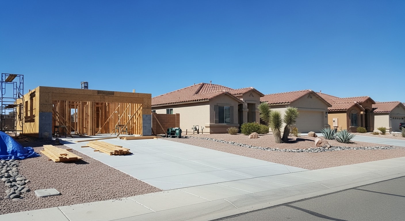 Wide view of Yuma residential neighborhood with desert landscaping and clear blue sky.