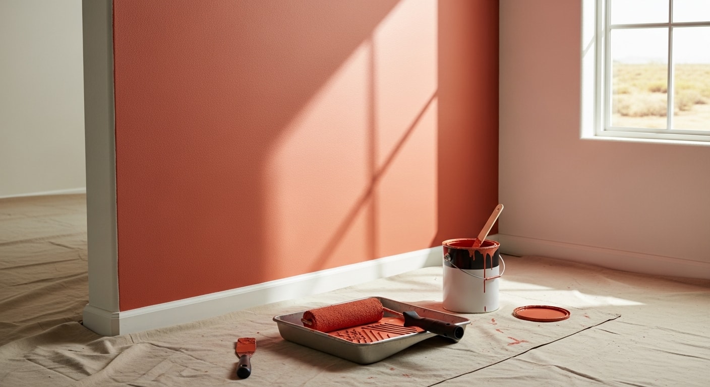 A freshly painted deep terracotta accent wall behind a neutral sofa in a Yuma, AZ living room, with clean edges and even coverage. The wall contrasts with the room's light-colored surrounding walls, creating a clear focal point in the open-concept space.