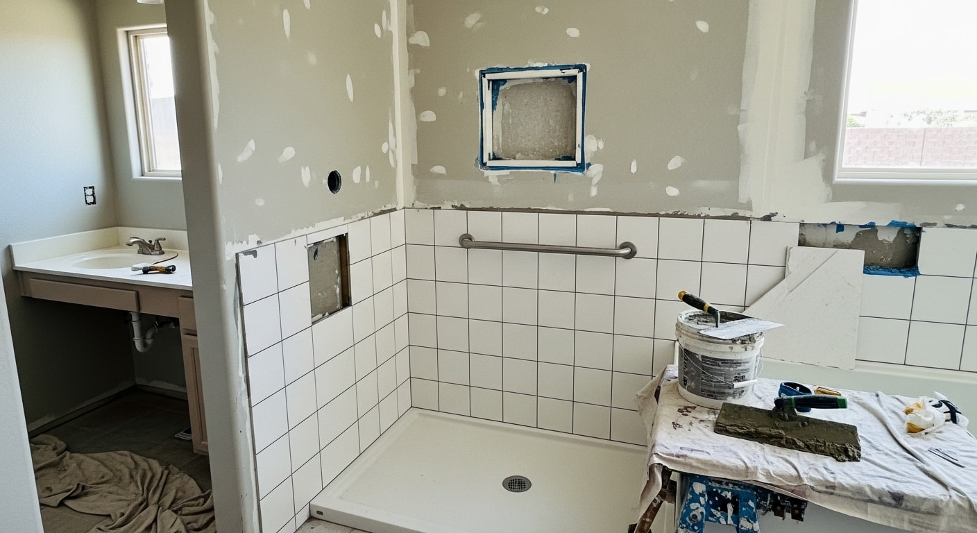 Finished bathroom remodel inside a Yuma, AZ home showing a tiled walk-in shower, updated vanity, and new fixtures. The space reflects a clean, low-maintenance design suited to the desert climate.