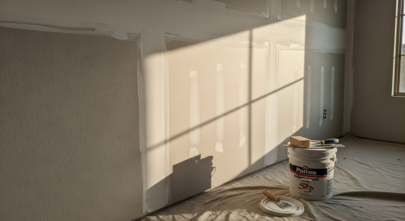 Freshly painted drywall walls and ceiling inside a residential room in Yuma, AZ, showing smooth seams and an even finish coat. A Yuma Custom Construction LLC crew member applies a final paint coat to a primed interior wall during a home remodel project.