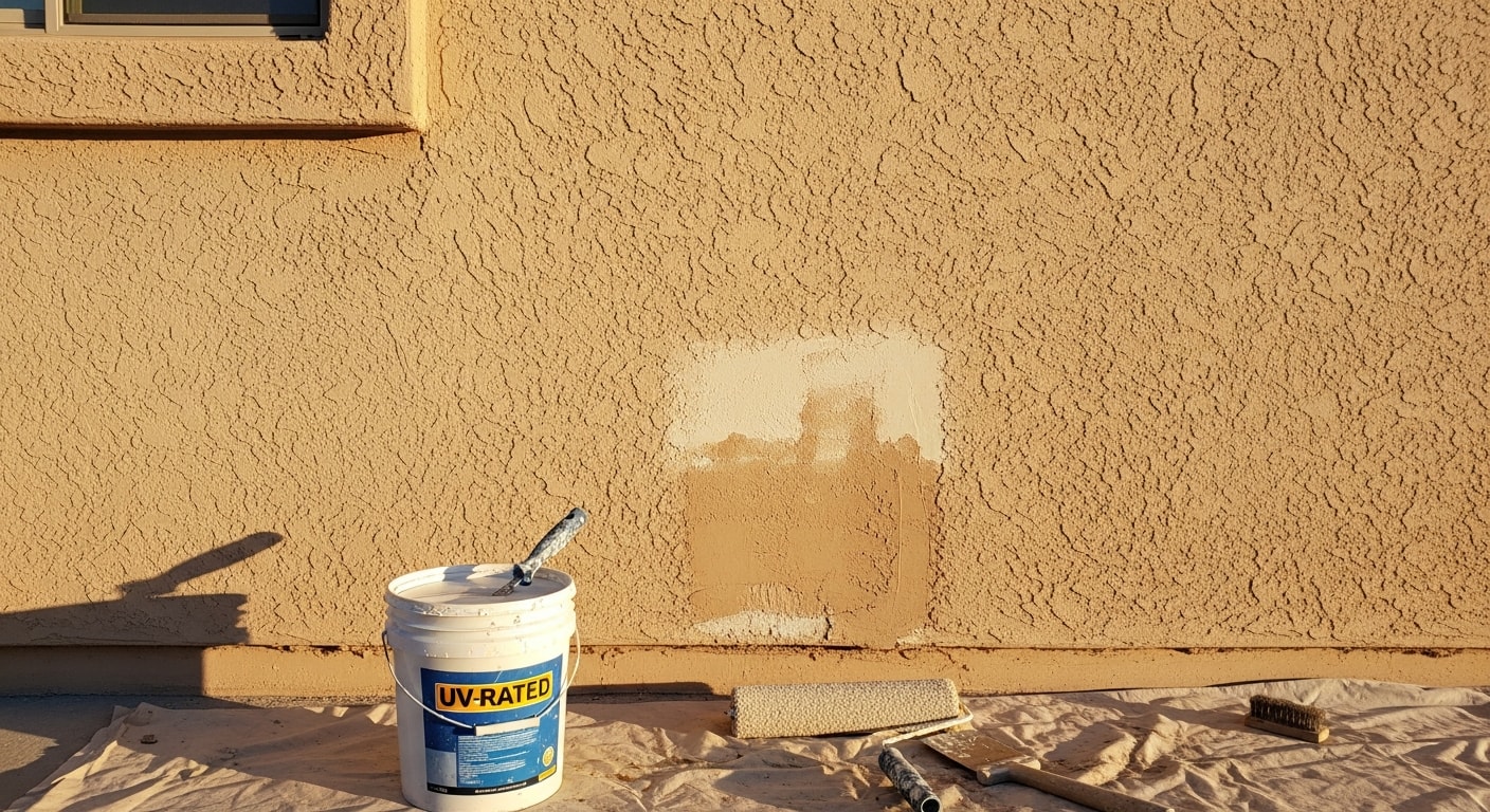 A freshly painted single-story stucco home exterior in Yuma, AZ, showing clean lines and an even desert-tone finish under bright desert sunlight. The repainted walls show no cracking, chalking, or fading typical of Yuma's intense UV exposure.