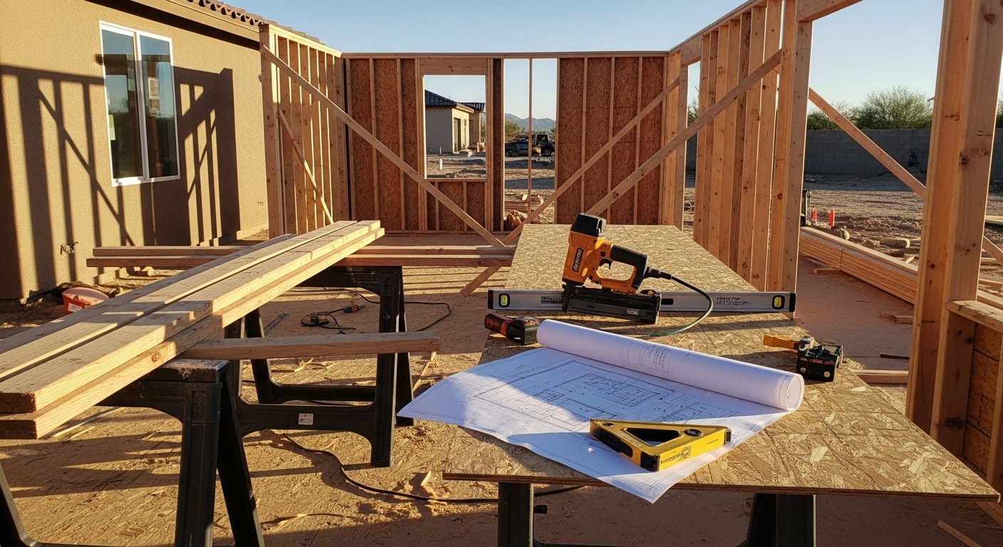 A newly completed single-story home addition in Yuma, AZ with stucco exterior walls and a tile roof matching the existing house. The expanded room connects seamlessly to the original structure under the desert sun.