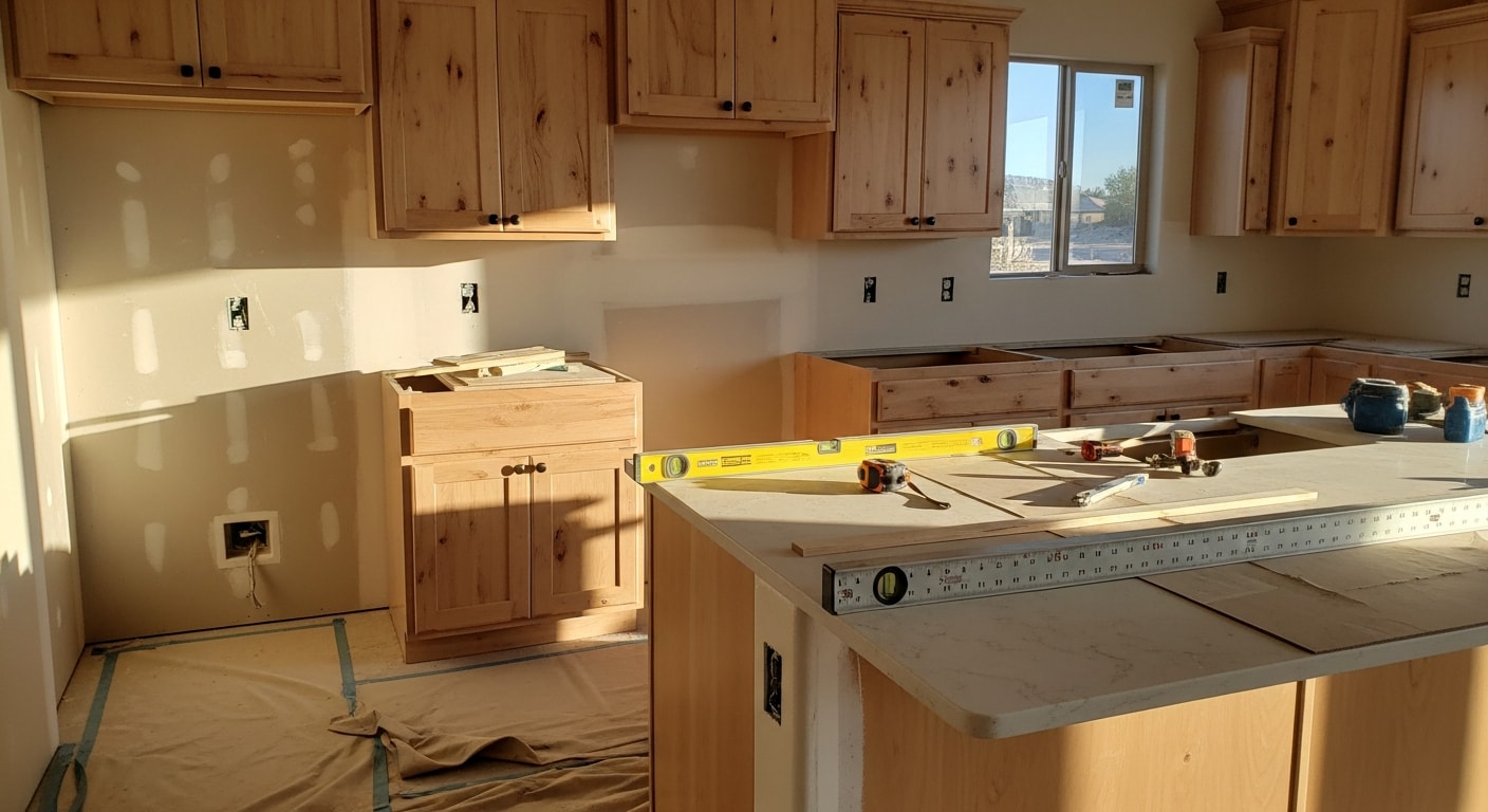 A renovated open-concept kitchen and living area inside a single-family home in Yuma, AZ, with updated flooring, fresh drywall, and new cabinetry. The space shows completed general contractor work suited to the desert Southwest building style.