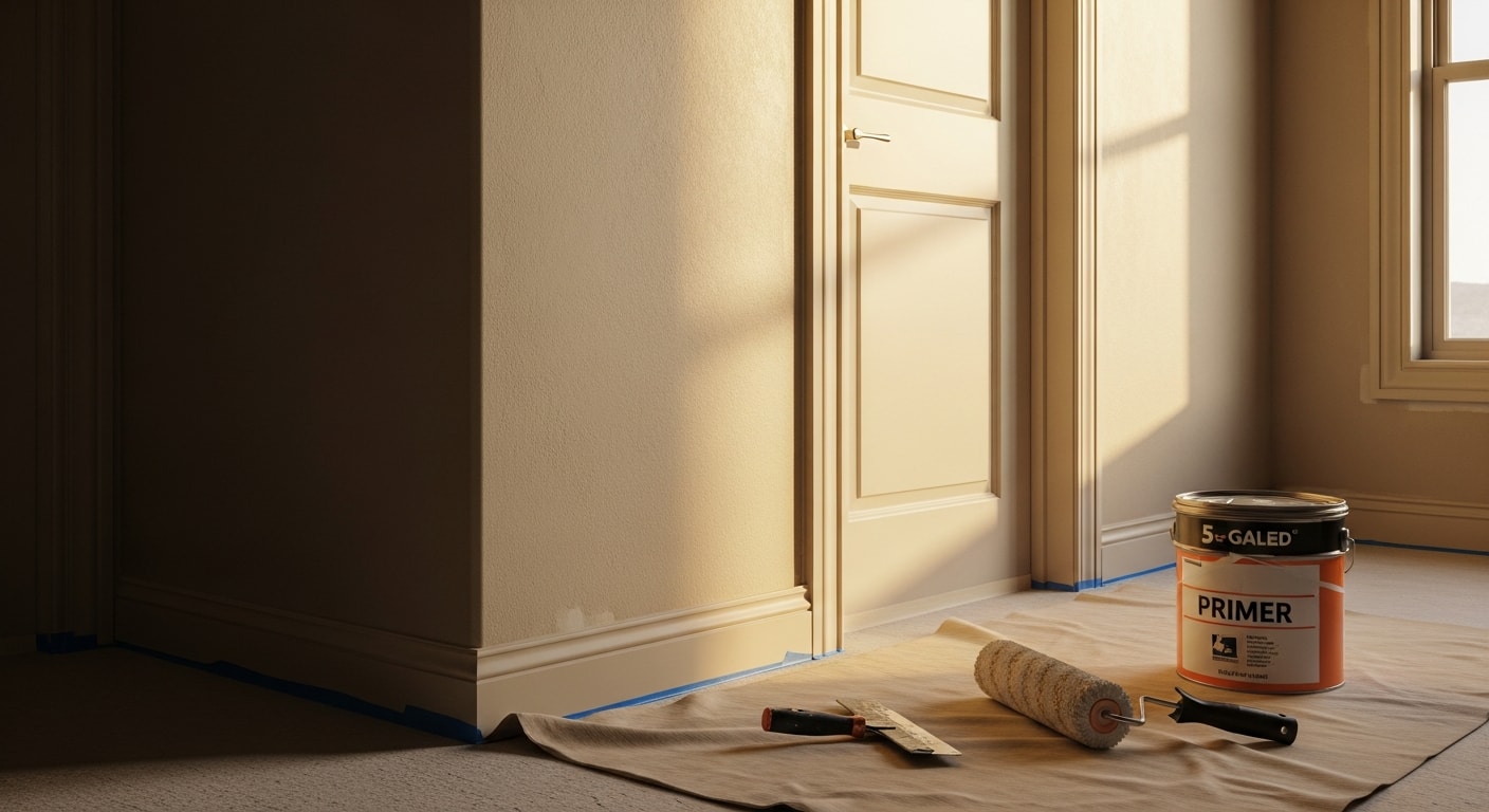 Freshly painted interior living room walls in a Yuma, AZ home, showing smooth, even coverage on drywall with clean trim lines around windows and baseboards. A painting contractor from Yuma Custom Construction LLC applies a second coat to a south-facing wall in a single-story desert home.