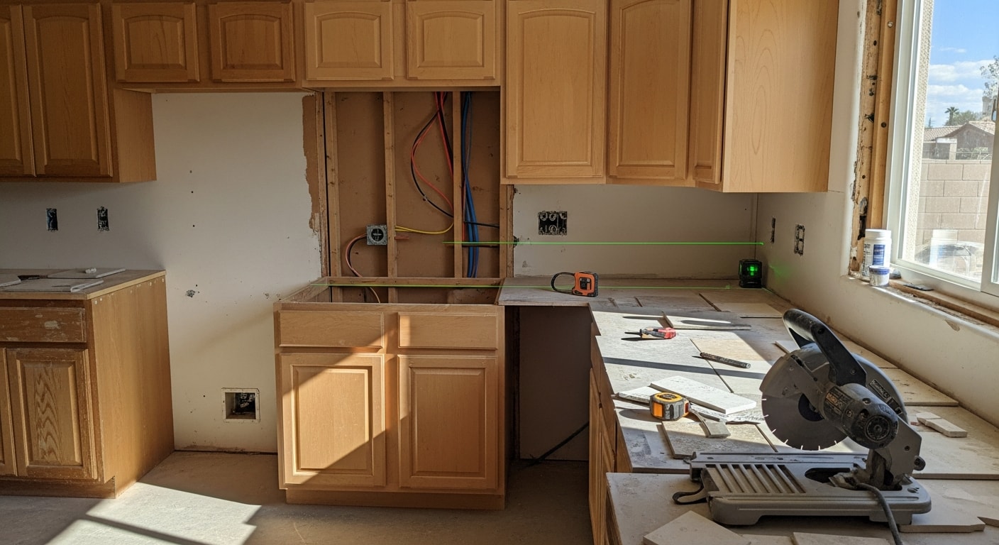 Finished kitchen remodel in a Yuma, AZ home showing new white shaker cabinets, stone countertops, and tile flooring. The space has recessed lighting and an open layout completed by Yuma Custom Construction LLC.
